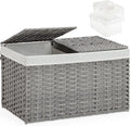 SETVSON Storage Basket with Lid, PE Rattan Woven Storage Bin, Gray | Dual Lid Blanket & Clothes Organizer, Divided Storage Bin, 2 Washable Liner Bags, Collapsible PE Rattan Trunk