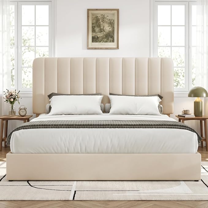 VECELO Full Size Upholstered Bed Frame with 4 Drawers and Headboard, Velvet Platform Storage Bedframe, Wooden Slats Support, No Box Spring Needed,Beige