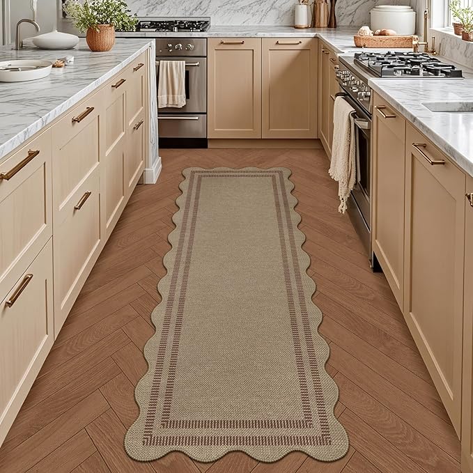 Scalloped Easy Jute 2x6 Kitchen Runner Rug, Washable Rugs for Entryway Non Slip Outdoor Indoor Hallway Rug, Farmhouse Brown Carpet for Entry Bedroom Laundry