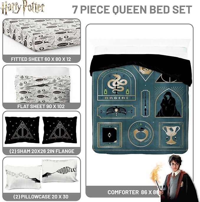Harry Potter Queen Comforter Set 7 Piece Soft Fantasy Bedding, Blue | Deathly Hallows, Bed in a Bag, Comforter Sheets Shams Pillowcases, Official Product, Soft Microfiber, Machine Washable, Gift