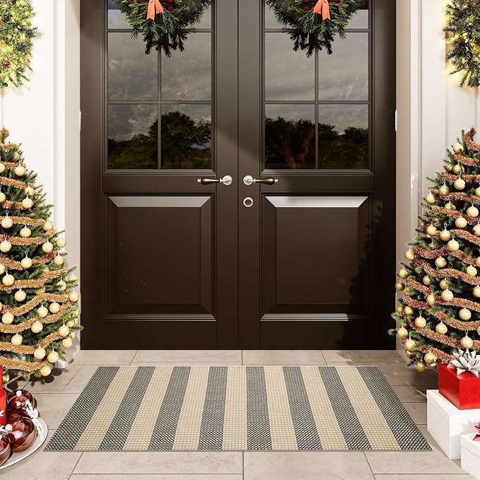 OJIA Front Door Rug 24"x51" Outdoor Doormat Washable Door Mats Porch Rug | Front Door Mat Outside Entrance Tan Woven Striped Outdoor Mat Entryway Rugs Indoor Small Area Rug for Kitchen Entry Bathroom