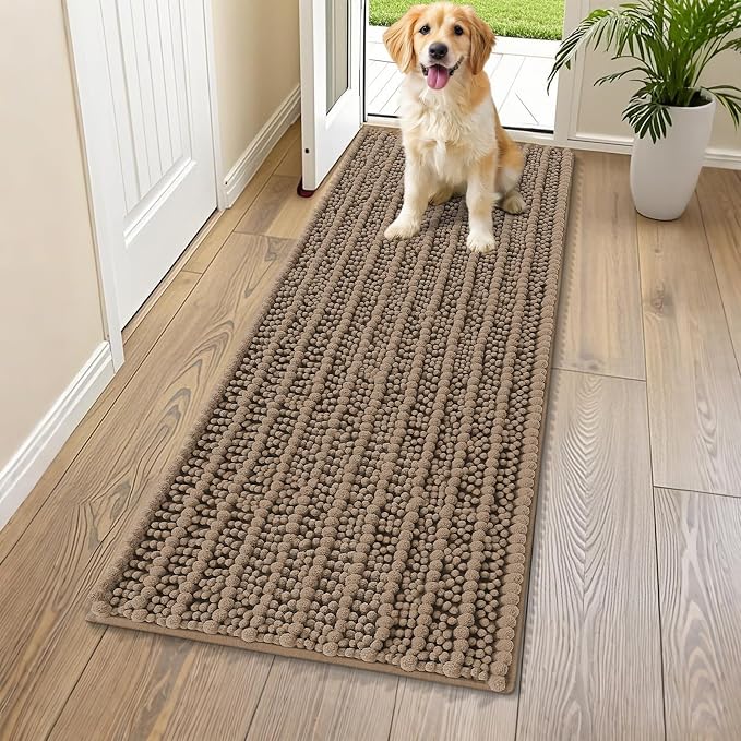 Smiry Dog Door Mat for Muddy Paws 59x24, Absorbent Dirt Trapper, Non-Slip Washable Chenille Entryway Rug for Inside Floor, Camel, Layered Pattern