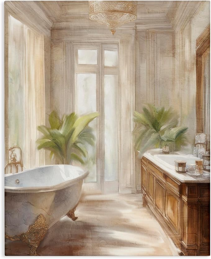Serenity Bath Floral Still Life, 16 x 20 Inch Canvas Wall Art | Stupell Industries · By Kim Allen · Ready to hang · Perfect for bathroom or bedroom · Made in USA
