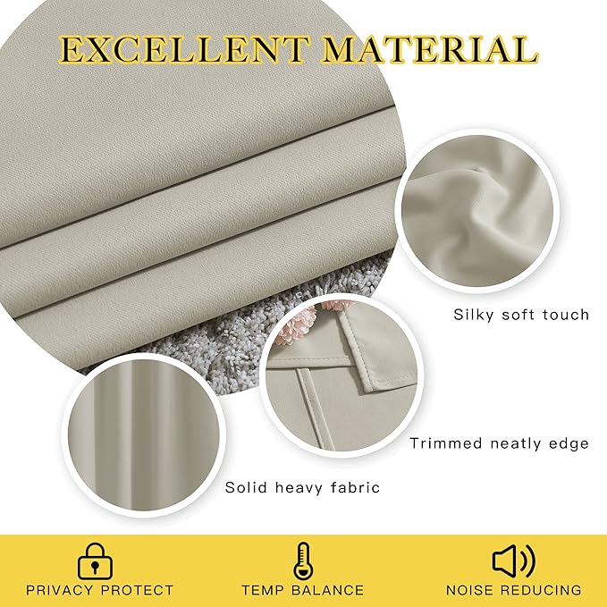 NICETOWN Room Darkening Natural Curtains & Drapes for Living Room - Thermal Insulated Solid Grommet Sound Reducing Privacy Window Treatments for Bedroom, 2 Panels, W66 x L84