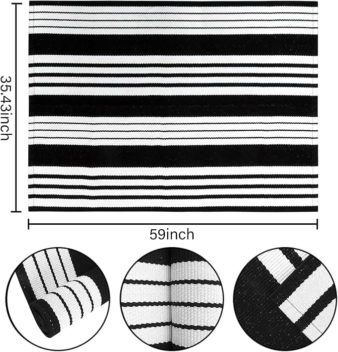 BUAGETUP Black and White Outdoor Rug 3'x 5' Cotton Woven Washable Rug Striped Front Porch Rug Area Rug Floor Mat for Farmhouse/Layered Door Mats/Living Room