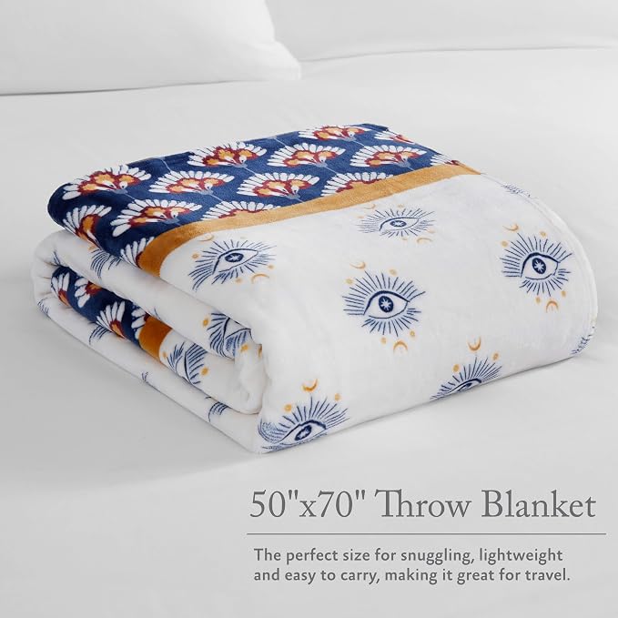 Jessica Simpson Plush 50"X70" Throw Blanket - Celeste White/Navy - Luxurious Plush Blanket for Ultimate Comfort and Cozy Warmth