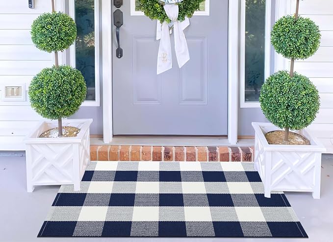 Blue and White Front Door Mat 24''X35'' Buffalo Plaid Checked Front Porch Rug Cotton Woven Washable Rug Layering Doormat for Welcome Door Mat Entryway Dining Room Bedroom Living Room