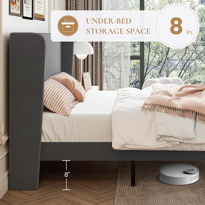 SHA CERLIN King Size Velvet Bed Frame, Tufted Wingback Headboard, Grey | 47'' Modern Vertical Channel Headboard, Upholstered Platform Bed, Wood Slats, No Box Spring Needed, Easy Assembly, Noise Free