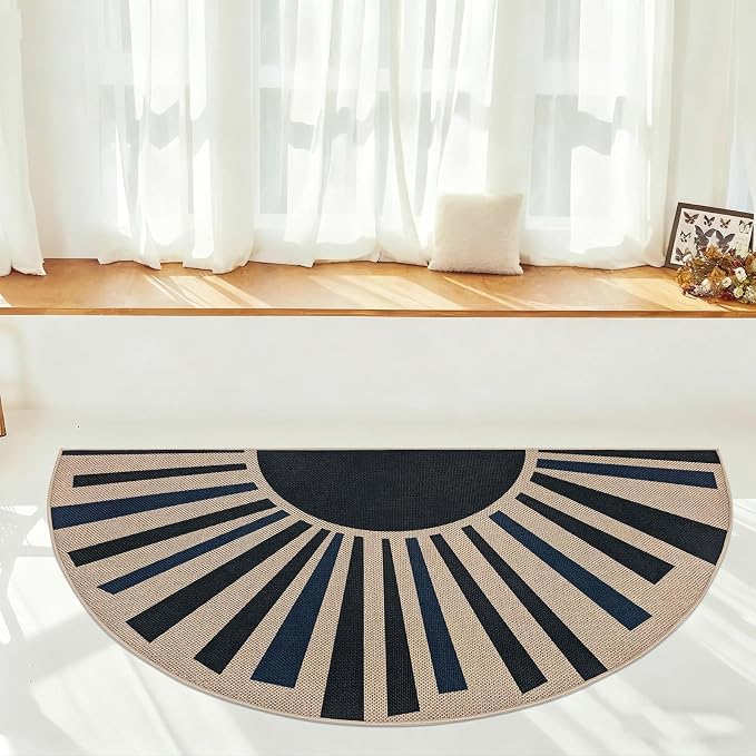 Easy Jute Sun Rug 2.6x5Ft Half Circle Sunshine Doormat Neutral Faux Jute Indoor Outdoor Carpet for Farmhouse Bedroom Entrance Balcony Kitchen Laundry Room, Nonslip, Half Round, Black/Blue 4
