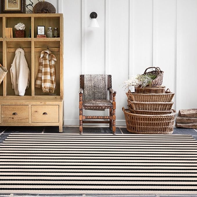 Black and White Striped Rugs, 4'x6' Area Rug Washable Indoor Outdoor Rug Cotton Hand-Woven Farmhouse Layered Double Door Mats for Front Porch, Patio, Entryway, Laundry Room, Bedroom