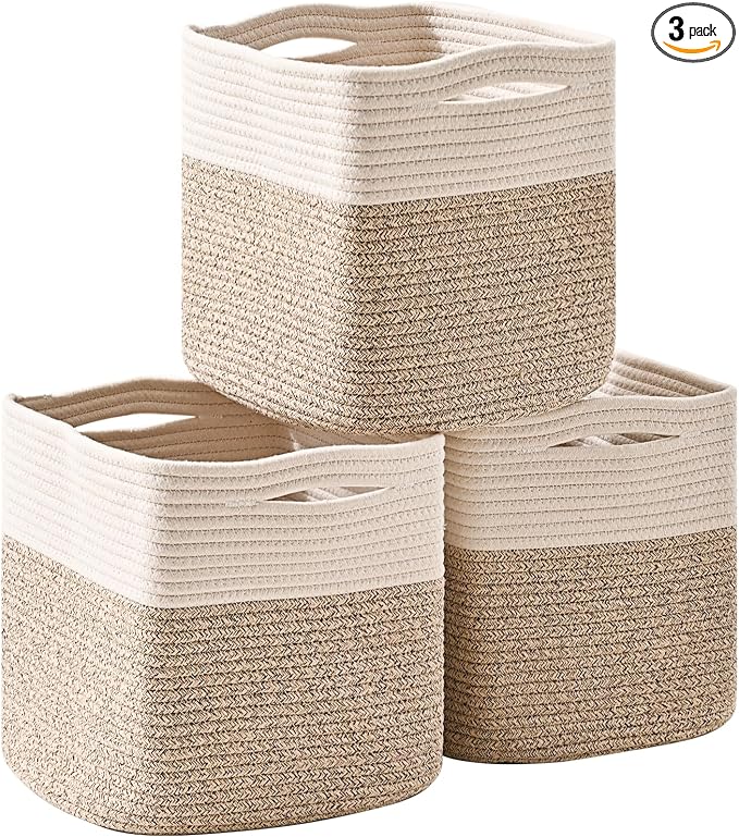 ICERZCZ 13 Inch Cube Closet Storage Bins, Woven Cotton Rope Organizer Baskets for Organizing & Shelves, Books, Towels, Clothes, Toys, 13x13x13 in, Off White & Brown (Pack of 3)