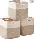 ICERZCZ 13 Inch Cube Closet Storage Bins, Woven Cotton Rope Organizer Baskets for Organizing & Shelves, Books, Towels, Clothes, Toys, 13x13x13 in, Off White & Brown (Pack of 3)