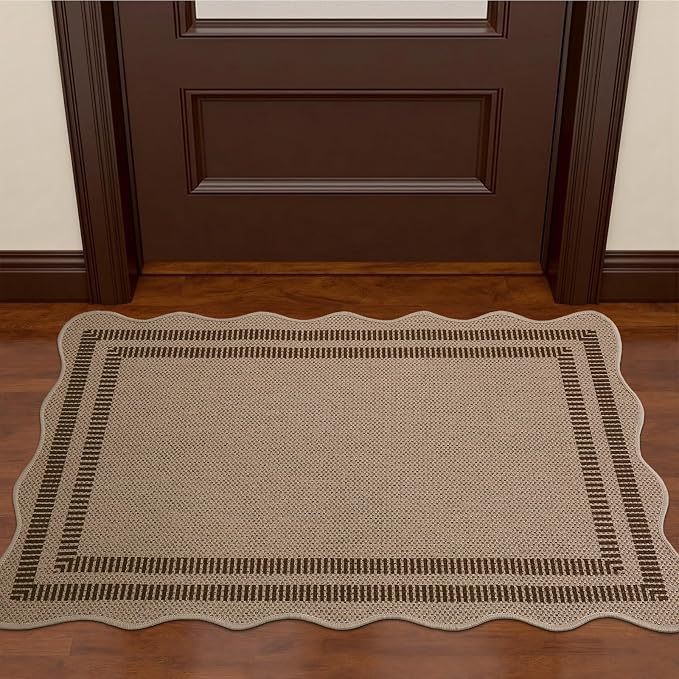 EDIMENS Easy Jute Rug Entryway Rug, 2x3 Front Door Mat Small Entryway Non-Slip Washable Area Rug, Low Pile Black Indoor Outdoor Farmhouse Scalloped Doormat for Entrance Entry Porch Doorway