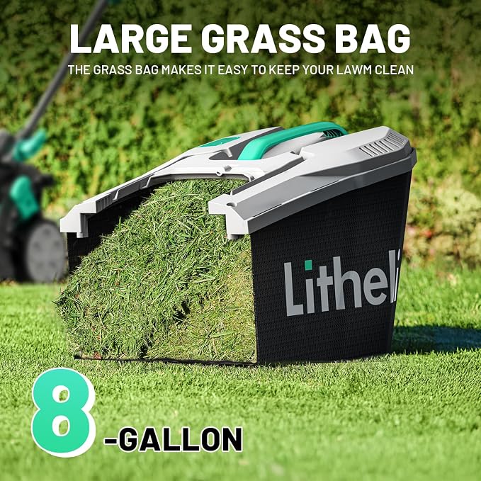 Litheli 13.1inch Electric Lawn Mower Cordless,Grass Cutter Machine for 1600 Sq.Ft.Lawnmower with Brushless Motor, 8 Gallon Capacity, Cutting Height from 1 to 2.5 in, Includes 1X4.0 Ah Battery