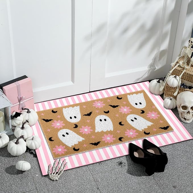 Tinideya 2 Pcs Pink Halloween Layered Doormat Set, Ghost Coir Doormat with Pink White Striped Rug, Cute Halloween Welcome Mats for Front Door Porch Entryway Outdoor Fall Decor