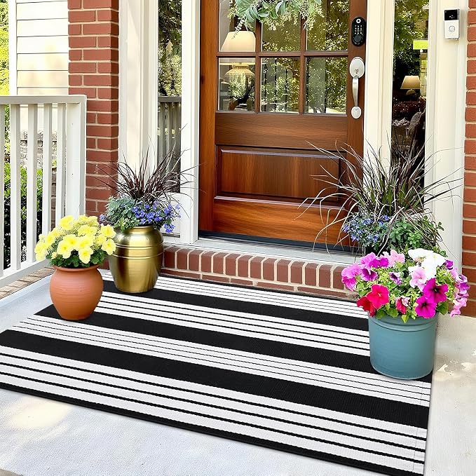 OLANLY Black and White Classic Striped Rug 2' x 3' (24" x 36") | Washable Cotton Indoor Outdoor Doormat for Front Door, Entryway, Kitchen, Porch, Patio Decor