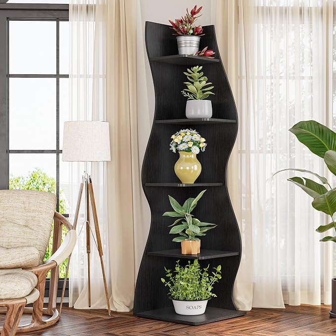 LITTLE TREE Small Corner Shelf, Modern 5-Tier Wall Corner Bookshelf, Stylish Bookcase Storage Rack for Small Space, Living Room, Bedroom, Black, 2 Pack