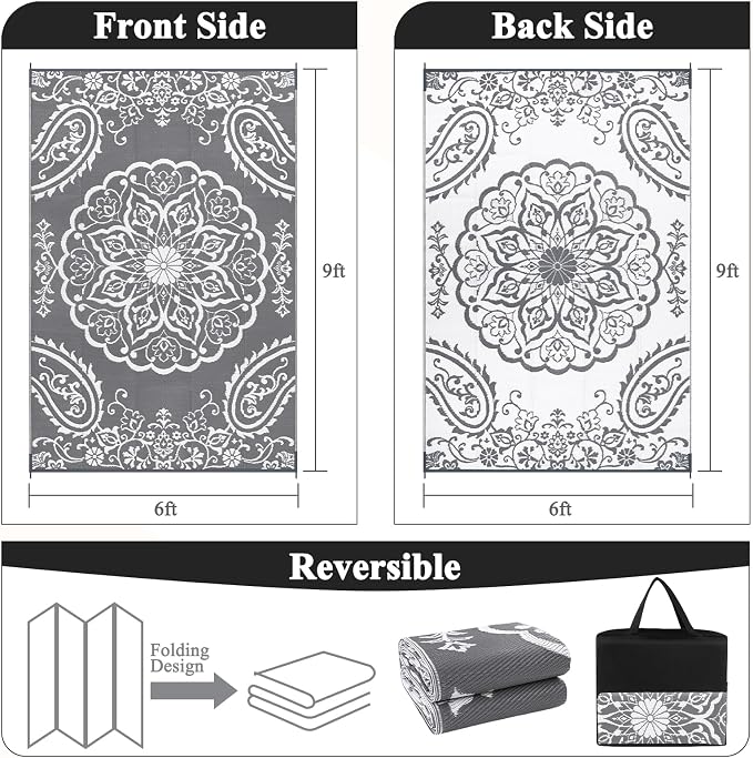 Pauwer Outdoor Rug 6x9, Waterproof Plastic Straw Camping Rug, Boho Grey | Reversible Patio Rug, UV Resistant Indoor Outdoor RV Mat Carpet For Deck, Camper, Porch, Balcony, Backyard, Picnic, Foldable