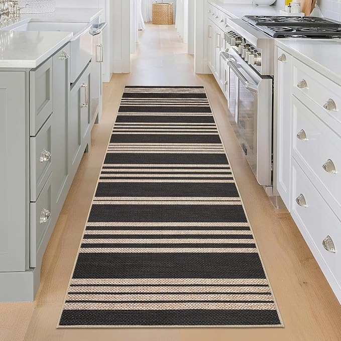 COZYLOOM Indoor Outdoor Area Rugs 2x6 Runner Rug for Hallway Non Slip Stain Resistant Jute Rug for Kitchen Modern Striped Foldable Mats for Bathroom Bedroom Entryway Laundry Room, Black/White