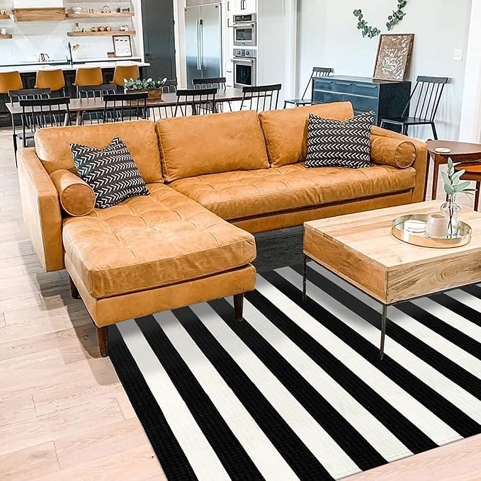 LEEVAN Outdoor Rug 5x7 Black and White Striped Patio Mat, Washable Farmhouse Front Door Decor, Cotton Reversible Balcony Rug, Foldable for Layered Porch