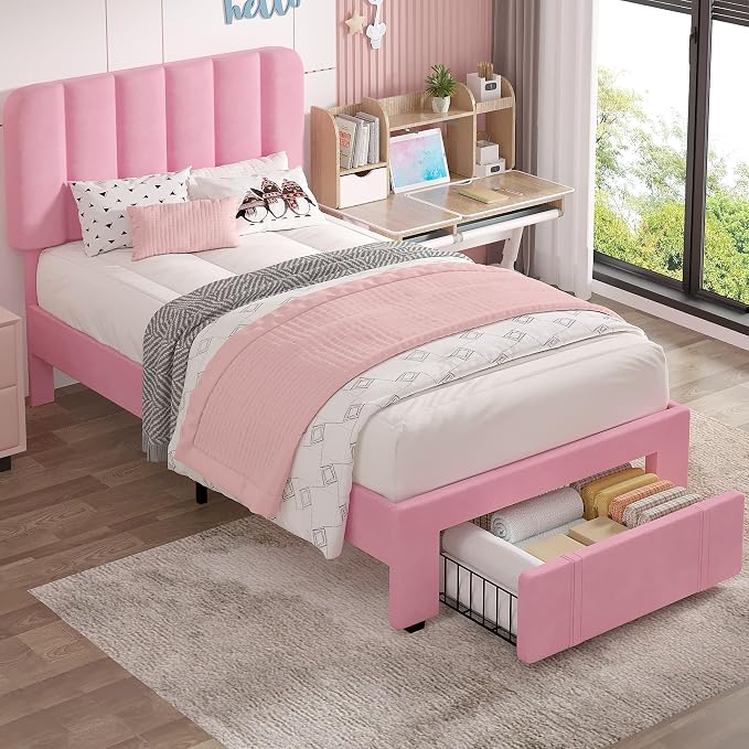 VECELO Twin Size Upholstered Bed Frame with Drawer and Headboard, Velvet Platform Storage Bedframe, Wooden Slats Support, No Box Spring Needed,Pink