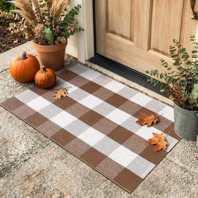 Uphome Bufflo Plaid Outdoor Rug 2'x3', Fall Decor Small Checkered Front Door Mat, Indoor Outdoor Farmhouse Cotton Porch Rug for Layered Door Mats, Washable Brown Area Rugs for Patio Entryway