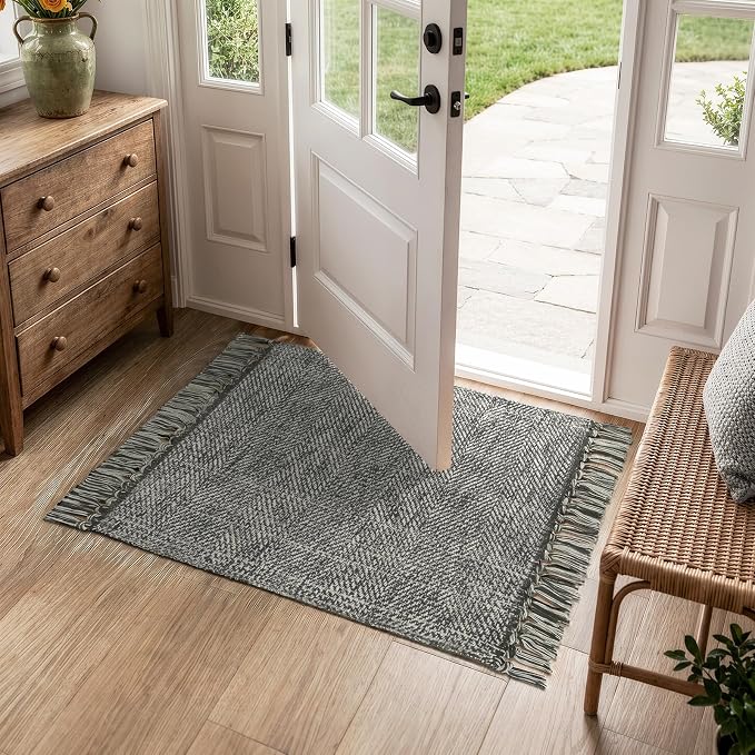 Collive Small Bathroom Rug 2' x 3', Modern Farmhouse Entryway Rugs Hand Woven Washable Kitchen Rugs, Grey Low Profile Front Door Mat Reversible Braided Carpet for Porch Back Bedroom Boho Decor