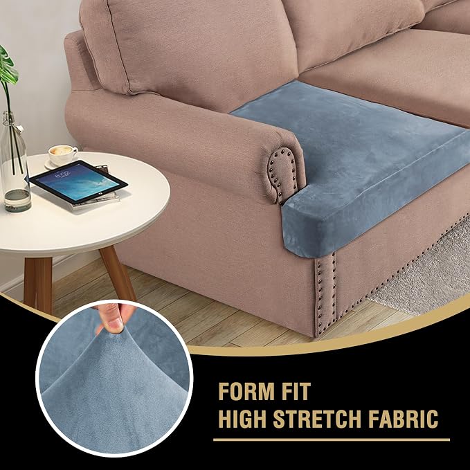 H.VERSAILTEX Stretch Velvet 3 Piece T Cushion Slipcovers - Individually Fitting Sofa Cushion Covers for 3 Cushion Couch - Stay in Place (Stone Blue)