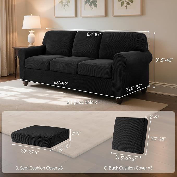 SUBRTEX 7 Pieces Stretch Sofa Slipcover Sets Couch Cover Sets Backrest Cushion Covers Furniture Protector Collection Set for Oversize Sofa Loveseat Chair Slip Covers(Large, Black)
