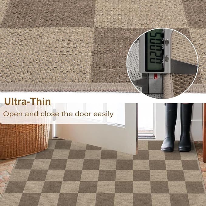 Rugalia Easy Jute Checkered Runner Rug, 2x6 Brown Modern Washable Rugs Runner for Hallway Non-Slip Kitchen Runner Rug, Farmhouse Checkerboard Indoor Outdoor Carpet for Porch Laundry Entryway