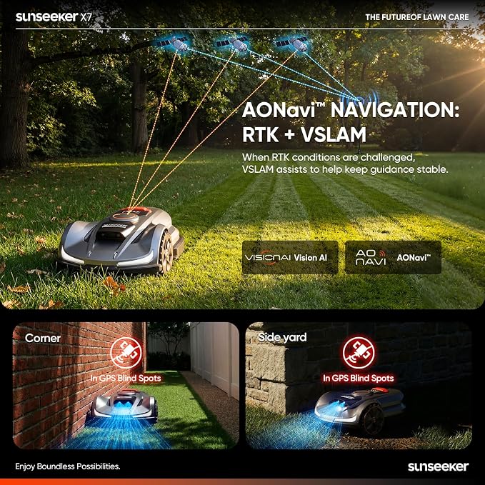 Sunseeker X7 AWD Robot Lawn Mower, RTK, Vision AI, 0.75 Acre, Wire-Free | Flagship AWD mowing for homeowners with large, challenging yards, steep slopes and uneven terrain.