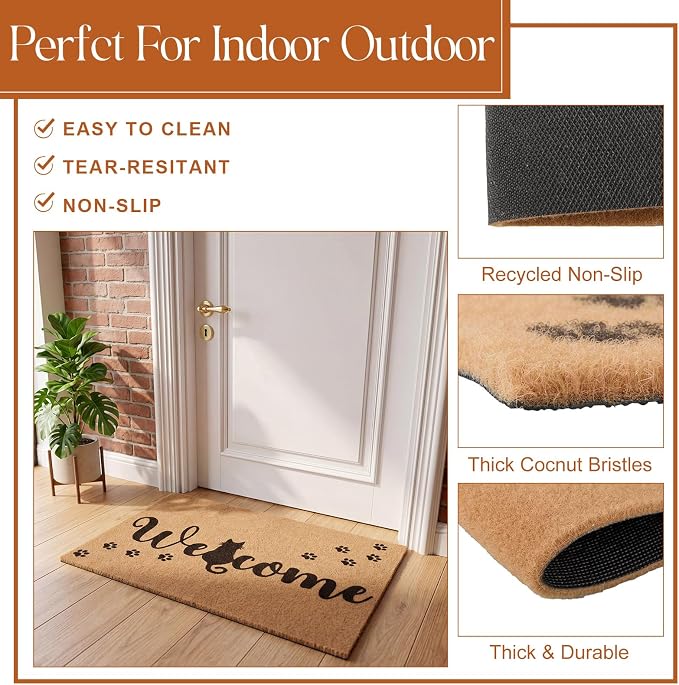 2 Pcs Outdoor Door Mat Combo Set Layered Outdoor Rug and Coir Welcome Doormat Non Slip Outside Floor Mat for Front Porch Entryway Patio Yard Decor(Cat Paw,24'' X 51',18'' X 28'')
