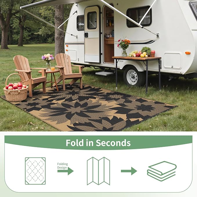 GENIMO Outdoor Rug, Waterproof Plastic Rugs for Patio, 6'x9' Raven Brown | Outside Larger Leaf Carpet Mat for Porch Decor, Deck, Balcony, Camping, RV, Backyard, Picnic, Beach, Reversible, Foldable