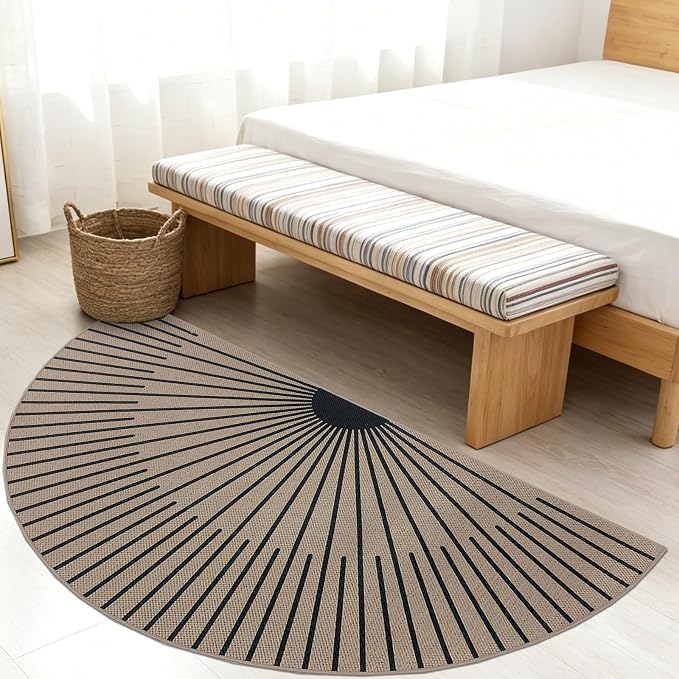 Easy Jute Rug 3x6Ft Half Circle Sunshine Doormat Neutral Faux Jute Indoor Outdoor Sun Carpet for Farmhouse Bedroom Entrance Balcony Kitchen Laundry Room, Nonslip, Half Round, Black 7