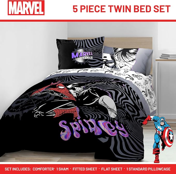 Marvel Comics Spiderman Twin Comforter Set 5 Piece Bedding for Boys, Black | Venom, Bed in a Bag, Comforter Sheets Sham Pillowcase, Official Product, Soft Microfiber, Machine Washable, Boys Gift