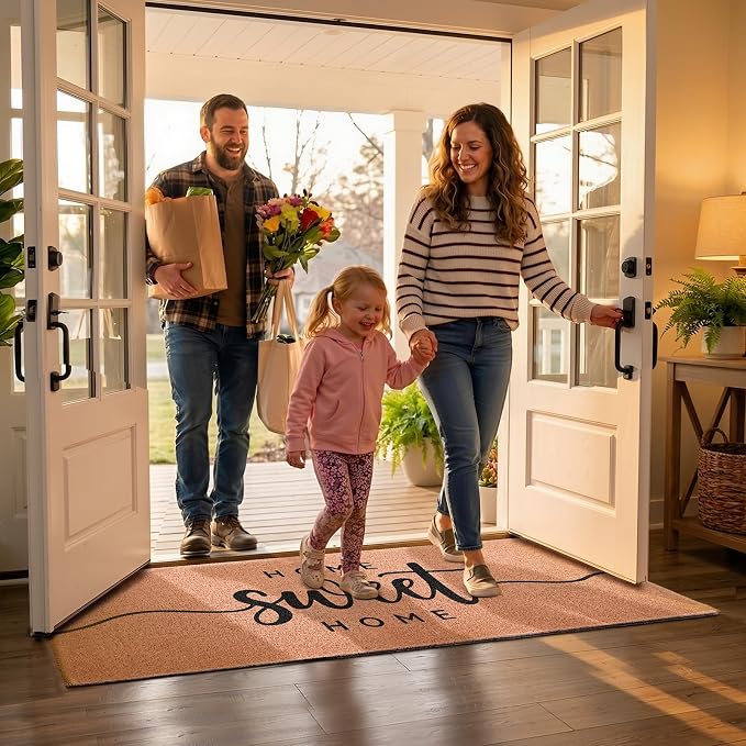 Home Sweet Home Long Doormat for Double Door Entrance, 24x59 Inch | Extra Large Heavy Duty Front Porch Rug with Non Slip PVC Backing, Oversized Decorative Mat for Indoor Outdoor Entryway