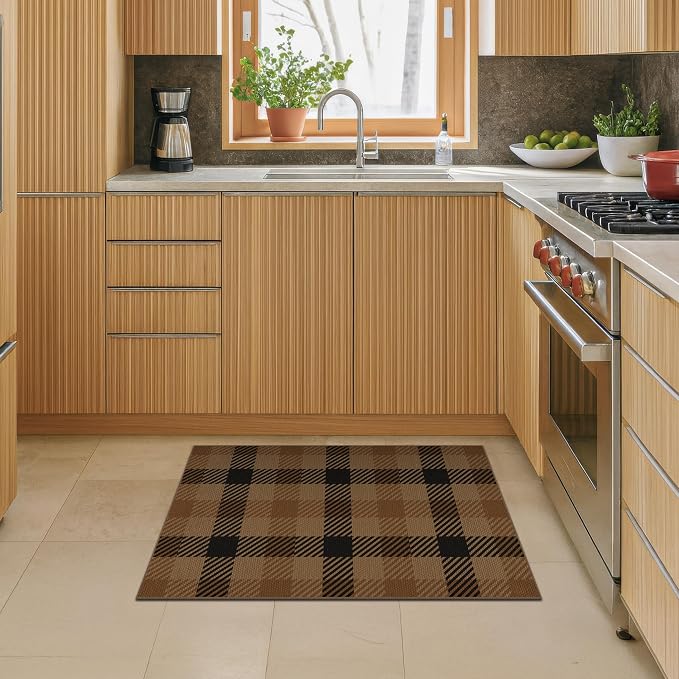 2x3 Entryway Door Mat Indoor Outdoor– Washable Non Slip Small Rug for Front Door, Back Door, Kitchen Sink, Mudroom, Garage Entry, Low Profile Easy Clean Farmhouse Cottage Plaid Floor Mat