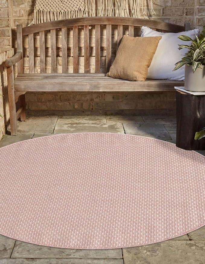 Unique Loom Collection Casual Transitional Solid Heathered Indoor/Outdoor Flatweave Area Rug (7' 10" Round, Whisper Pink/Ivory)
