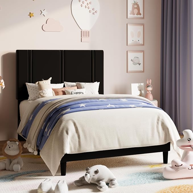 Allewie Twin Size Platform Bed Frame with Adjustable Headboard | Plush Velvet Upholstered, Vertical Channel Tufted, Sturdy Wood Slats, No Box Spring Needed, Easy Assembly, Black