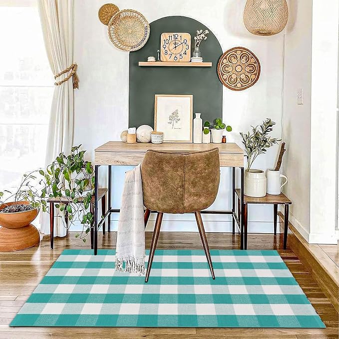 Spring Rugs Green and White Plaid, 3'x5' Area Rug Outdoor Indoor Easter Front Porch Doormat Cotton Hand-Woven Layered Door Mats for Entryway Patio Entryway Laundry Bedroom Living Room