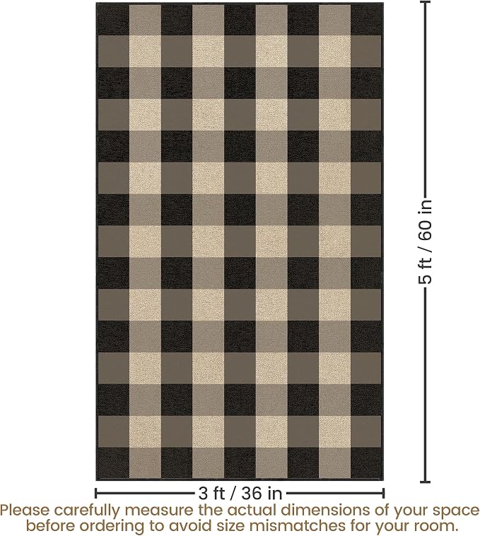 Washable Checkered Easy Jute Rug 3x5, Black Grey Plaid Checkerboard Boho Outdoor Indoor Patio Small Rugs, Woven Non Slip Thin Neutral Carpet Door Mat for Bedroom Entryway Front Door Farmhouse