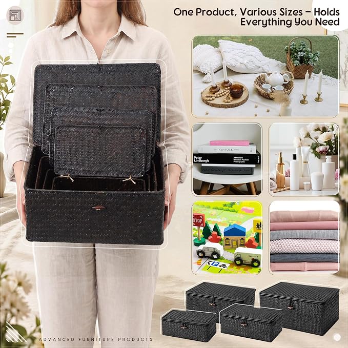 Woanger Set of 4 Wicker Baskets with Lids, Nautral Seagrass Storage Baskets, Woven Rectangular Basket Bins, Rattan Storage Organizer for Shelf Closet Bedroom(Black)