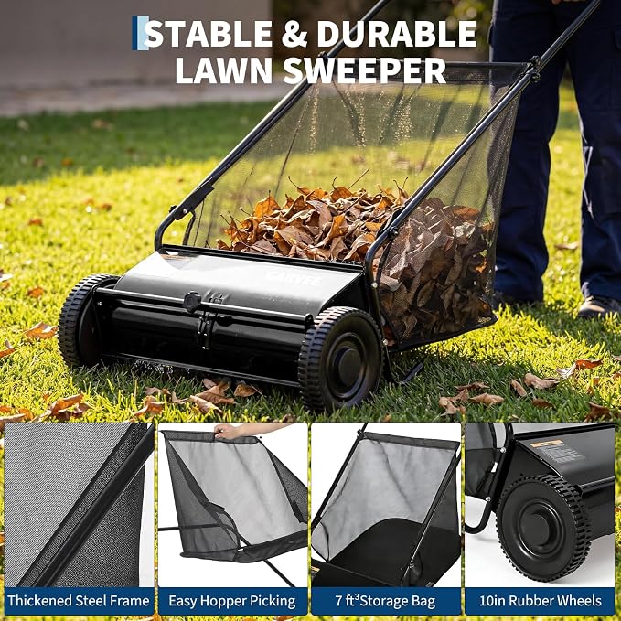 Heavy Duty 26-Inch Push Lawn Sweeper Walk-Behind Leaf Grass Collector 4 | Steel, Durable, Outdoor, Garden, Home, Easy Assembly, Adjustable, Heavy Duty, Versatile