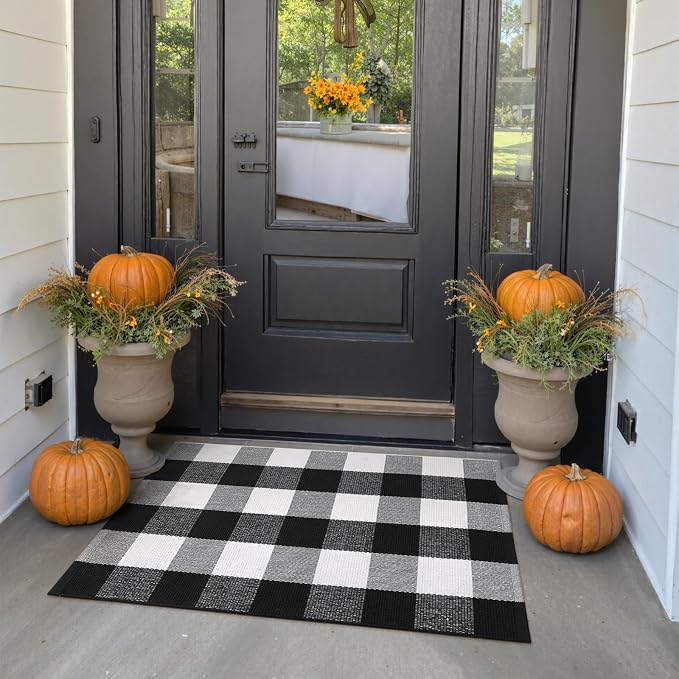 KIMODE Front Door Mat Buffalo Plaid Outdoor Rug 24"x35" Black and White Checkered Rug Farmhouse Front Porch Rug Decor Cotton Woven Washable Layered Doormats for Front Door Outdoor Entrance