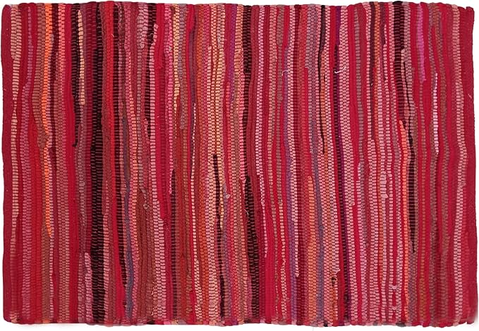 Ramanta Home 100% Cotton Hand Woven Chindi Rag Rug 2'x3' - Red, Recycled Reversible Rug, Boho Rustic Farmhouse Rugs for Living Room, Kitchen, Dinning Room Entryway Floor Mat - 24"x36"