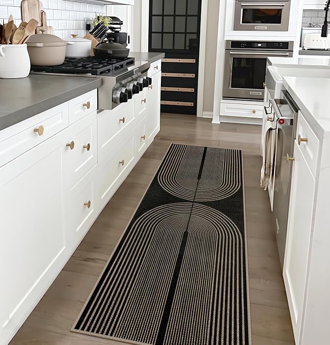 Rugalia Easy Jute Rainbow Runner Rug, 2x6 Black Washable Rugs Runner for Hallway Non-Slip Boho Farmhouse Kitchen Runner Rug, Modern Abstract Indoor Outdoor Carpet for Porch Laundry Entryway