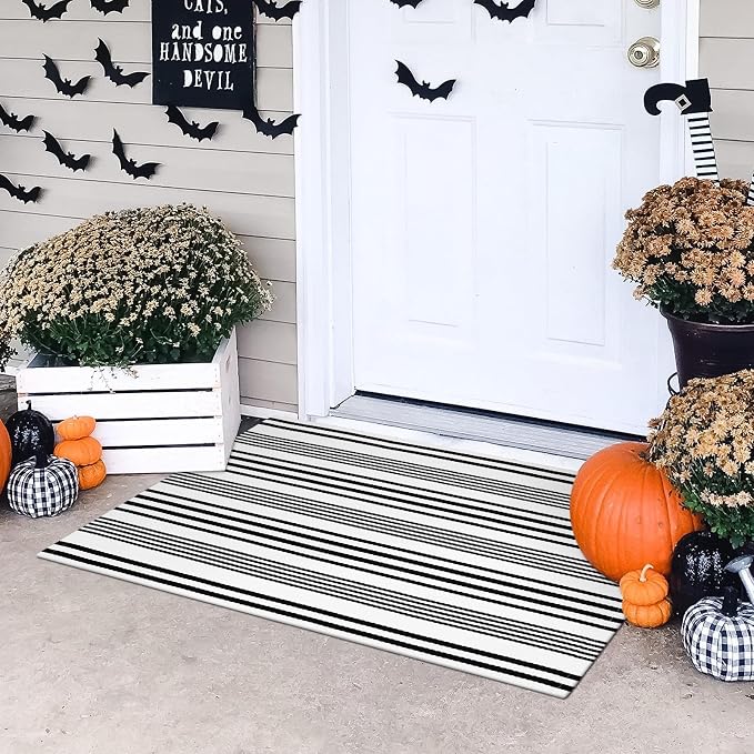OJIA Front Door Mat 24"x35" Welcome Mat Black and White Outdoor Rug Doormat | Cotton Woven Front Door Rug Washable Indoor Door Mat Outside Entrance Striped Rug for Fall Porch Decor/Farmhouse/Entryway