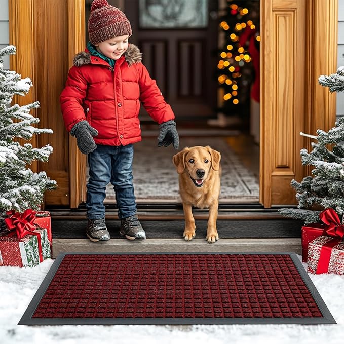 Smiry Front Door Mat Outside Entrance, Heavy Duty Natural Rubber Doormat, Non Slip, Trap Dirt and Moisture, Easy Clean, Low Profile Welcome Floor Mats for Indoor Outdoor Entry, 35x23 Inch, Red