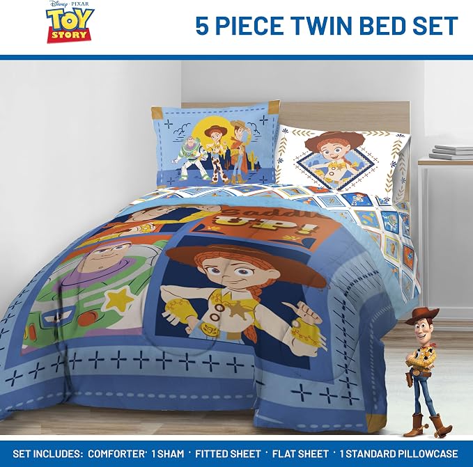 Jay Franco Kids Bed Set, Blue, Toy Story, 5 Piece Twin | Cozy Soft Bedding for Stylish Room Décor with Comforter, Sheets & Pillow Covers