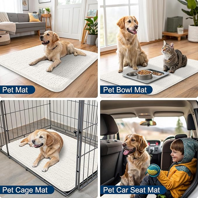 Smiry Dog Door Mat for Muddy Paws 36x24, Absorbent Dirt Trapper, Non-Slip Washable Chenille Entryway Rug for Inside Floor, Ivory, Classic Solid